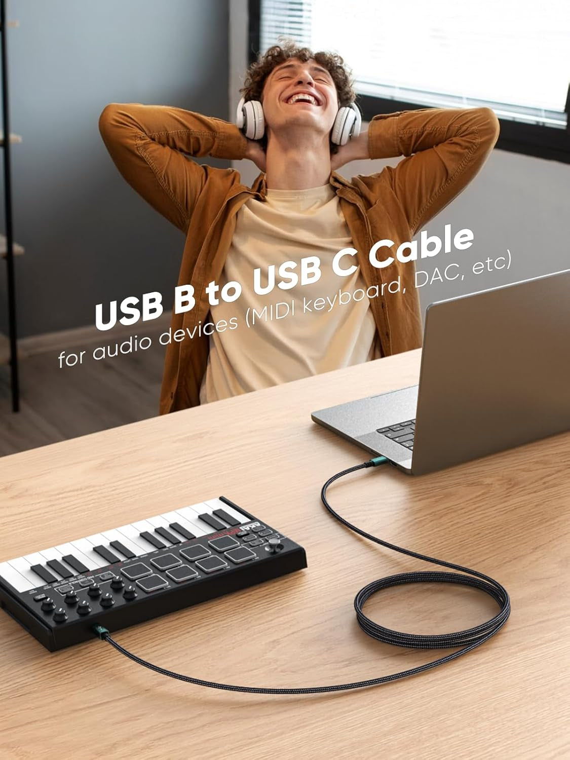 USB B to C 6.6 FT Printer Cable, MIDI Cable, Nylon Braided USB-B to C Cord for Macbook Pro/Air, Type C to Type B for Yamaha Piano, MIDI Keyboard, DJ Controller, DAC, Green