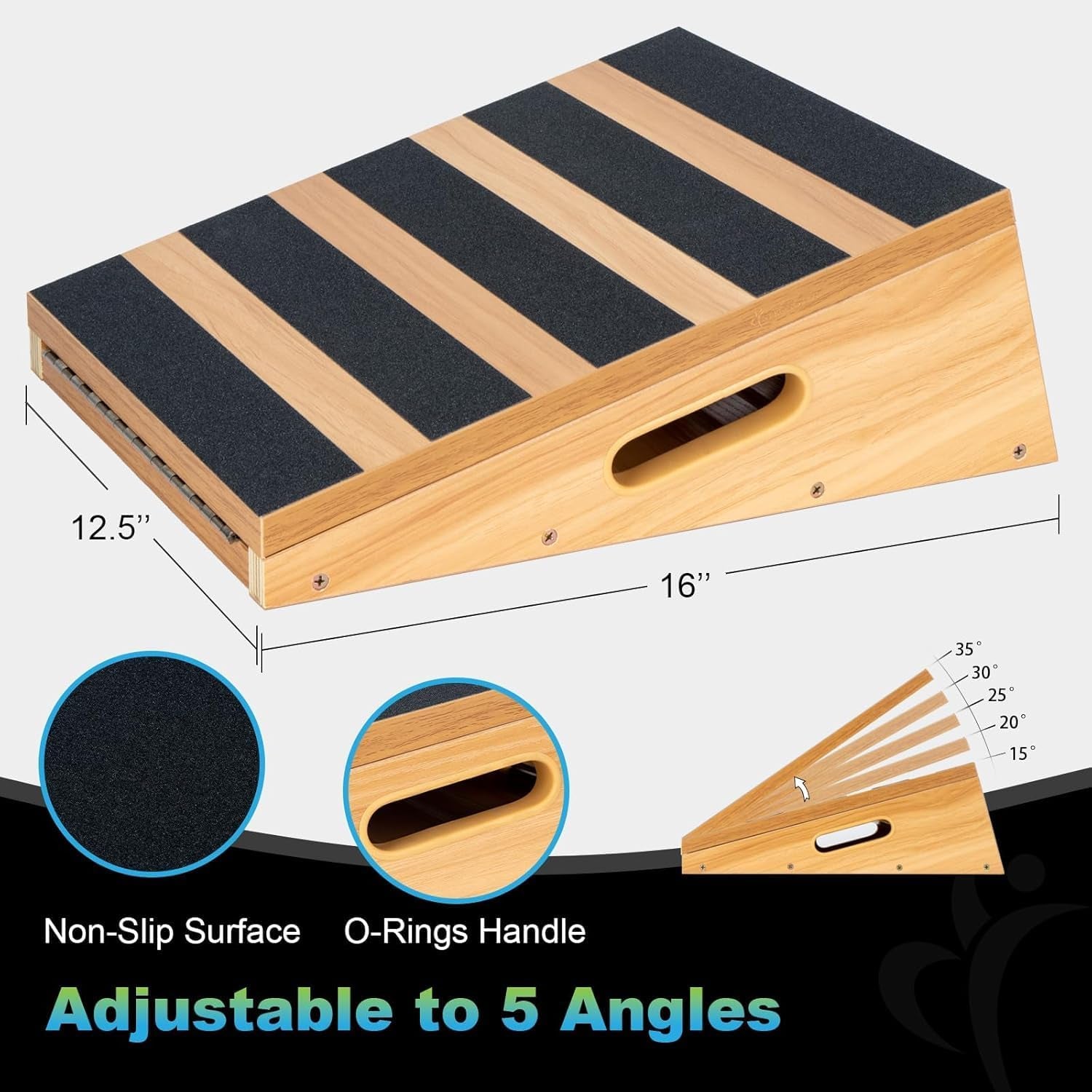 Professional Wooden Slant Board, Adjustable Incline Board and Calf Stretcher, Partial-Coverage Design with Side Handle, 5 Angles, 500 Lbs Capacity